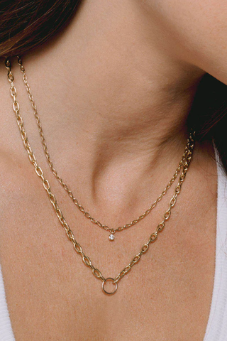 model wearing Circle Medium Square Oval Chain Necklace 14k gold