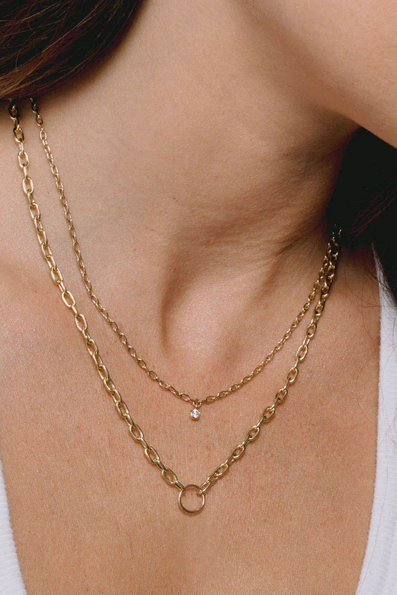 model wearing Circle Medium Square Oval Chain Necklace 14k gold