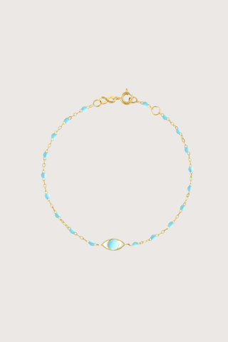 flat lay Classic Eye Bracelet 6.7" 18K Yellow Gold Turquoise resin pearls
6.7" with adjustabe clasp at 6.3"