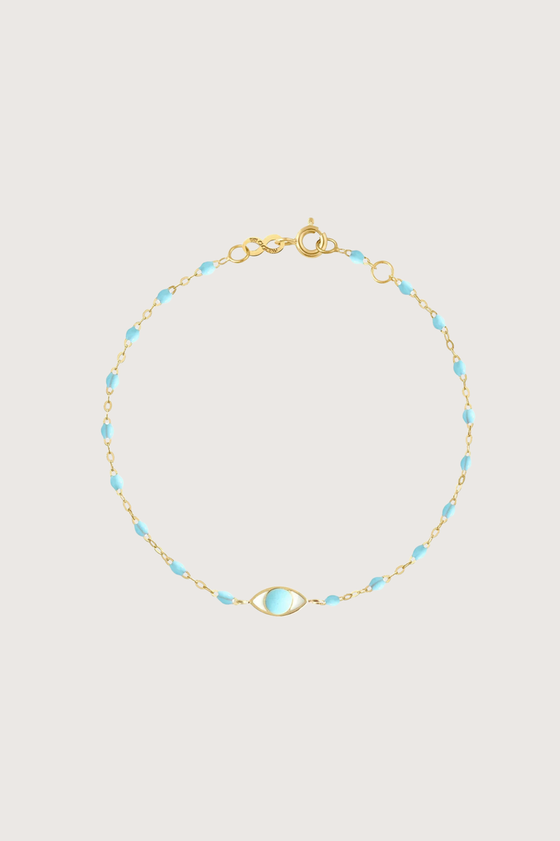 flat lay Classic Eye Bracelet 6.7" 18K Yellow Gold Turquoise resin pearls
6.7" with adjustabe clasp at 6.3"