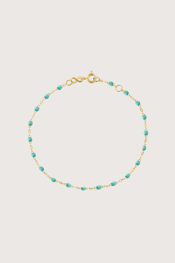flat lay Classic Gigi Bracelet 6.7" 18K Yellow Gold Lagoon Lagoon resin jewel
6.7" chain with adjustable clasp at 6.3"