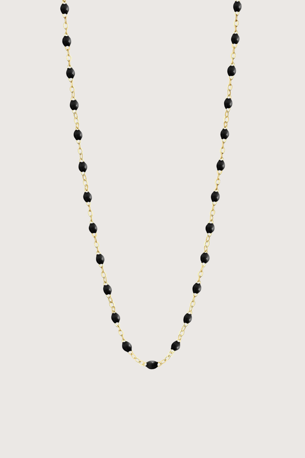 flat lay Classic Gigi Necklace 16.5" 18K Yellow Gold Black Black resin jewels
varying 16.5" options and solid black jewels
16.5" chain with adjustable clasp at 16.1"