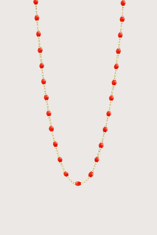 flat lay Classic Gigi Necklace 16.5" 18K Yellow Gold Coral Coral resin jewels
varying 16.5" options and solid black jewels
16.5" chain with adjustable clasp at 16.1"