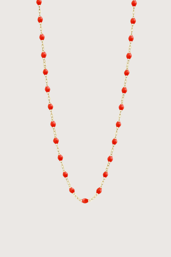 flat lay Classic Gigi Necklace 16.5" 18K Yellow Gold Coral Coral resin jewels
varying 16.5" options and solid black jewels
16.5" chain with adjustable clasp at 16.1"