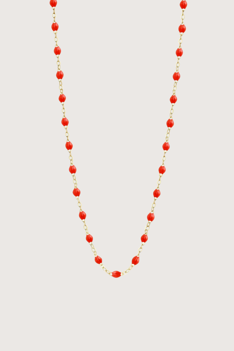 flat lay Classic Gigi Necklace 16.5" 18K Yellow Gold Coral Coral resin jewels
varying 16.5" options and solid black jewels
16.5" chain with adjustable clasp at 16.1"