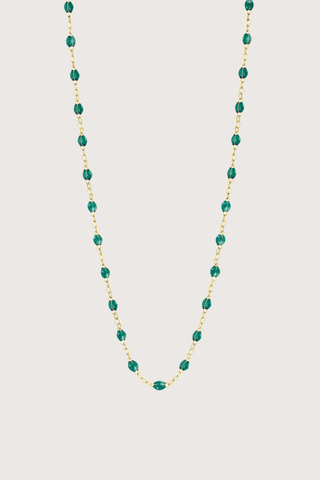 flat lay Classic Gigi Necklace 16.5" 18K Yellow Gold Emerald Emerald resin jewels
varying 16.5" options and solid black jewels
16.5" chain with adjustable clasp at 16.1"