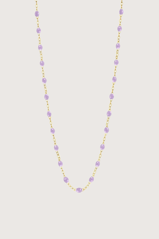 flat lay Classic Gigi Necklace 16.5" 18K Yellow Gold Lilac Lilac resin jewels
varying 16.5" options and solid black jewels
16.5" chain with adjustable clasp at 16.1"