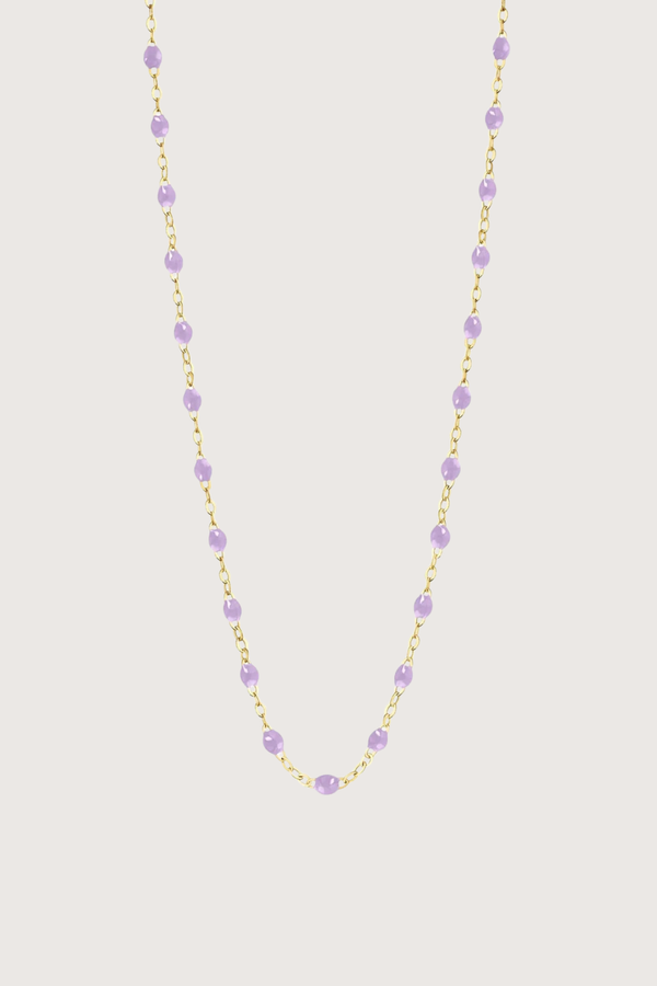 flat lay Classic Gigi Necklace 16.5" 18K Yellow Gold Lilac Lilac resin jewels
varying 16.5" options and solid black jewels
16.5" chain with adjustable clasp at 16.1"