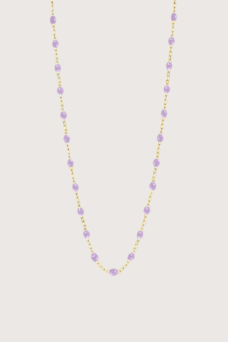 flat lay Classic Gigi Necklace 16.5" 18K Yellow Gold Lilac Lilac resin jewels
varying 16.5" options and solid black jewels
16.5" chain with adjustable clasp at 16.1"