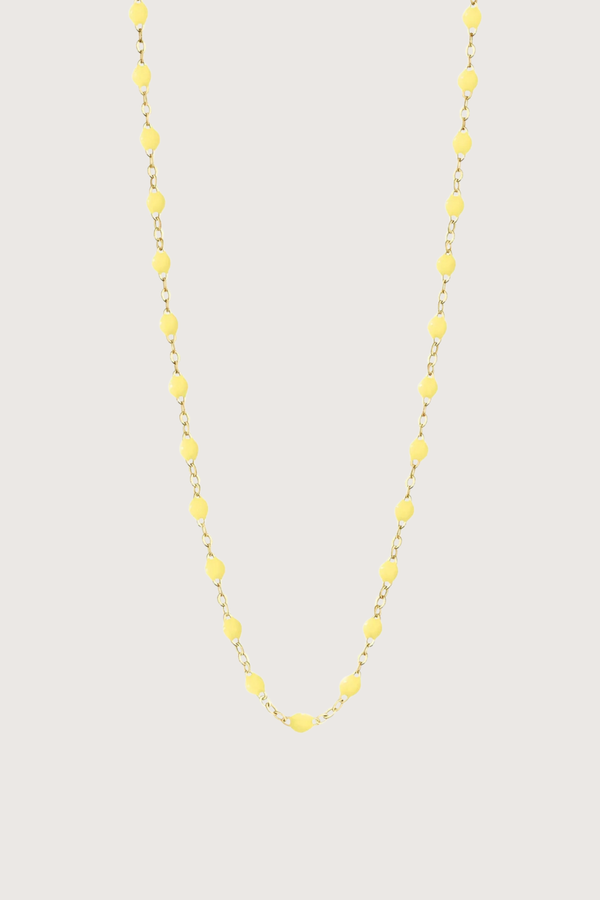 flat lay Classic Gigi Necklace 16.5" 18K Yellow Gold Mimosa Mimosa yellow resin jewels
varying 16.5" options and solid black jewels
16.5" chain with adjustable clasp at 16.1"