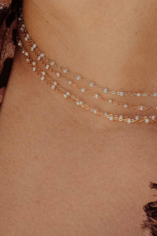 model wearing Classic Gigi Necklace 16.5" 18K Yellow Gold Opal Opal resin jewels
varying 16.5" options and solid black jewels
16.5" chain with adjustable clasp at 16.1"