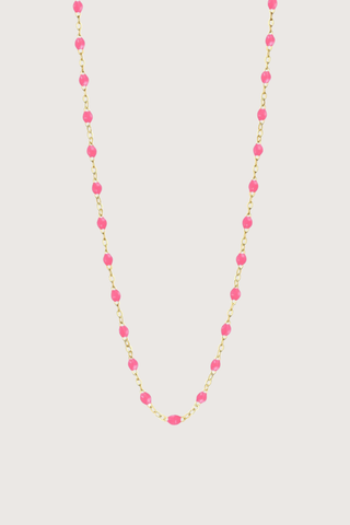 flat lay Classic Gigi Necklace 16.5" 18K Yellow Gold Pink Pink resin jewels
varying 16.5" options and solid black jewels
16.5" chain with adjustable clasp at 16.1"