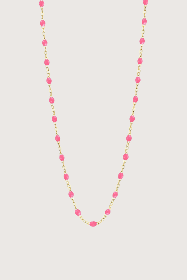 flat lay Classic Gigi Necklace 16.5" 18K Yellow Gold Pink Pink resin jewels
varying 16.5" options and solid black jewels
16.5" chain with adjustable clasp at 16.1"