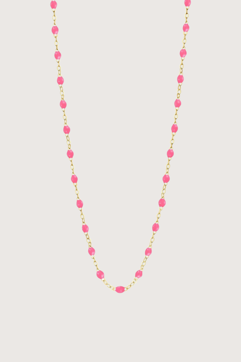flat lay Classic Gigi Necklace 16.5" 18K Yellow Gold Pink Pink resin jewels
varying 16.5" options and solid black jewels
16.5" chain with adjustable clasp at 16.1"