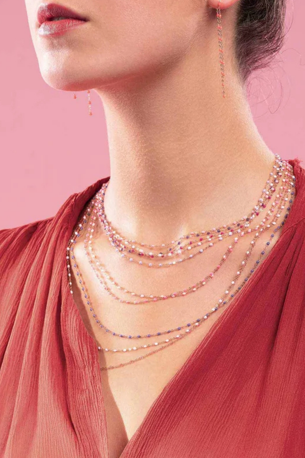 model wearing Classic Gigi Necklace 16.5" 18K Yellow Gold Pink Pink resin jewels
varying 16.5" options and solid black jewels
16.5" chain with adjustable clasp at 16.1"