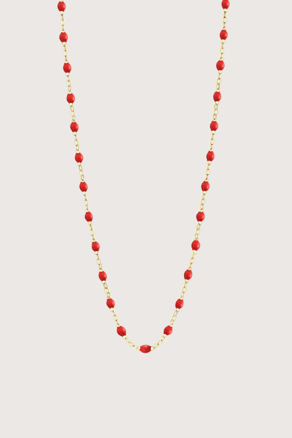 flat lay Classic Gigi Necklace 16.5" 18K Yellow Gold Poppy Poppy resin jewels
varying 16.5" options and solid black jewels
16.5" chain with adjustable clasp at 16.1"