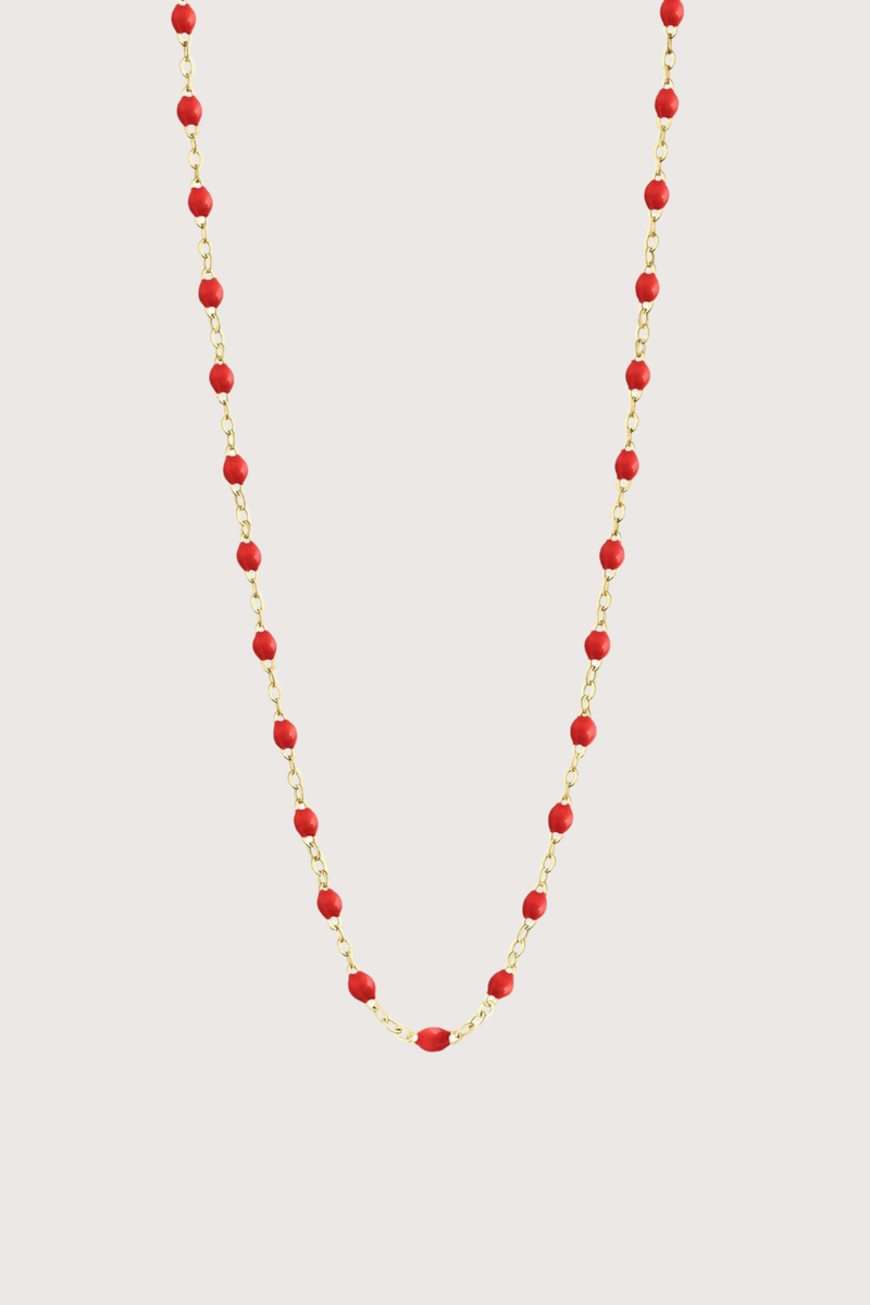 flat lay Classic Gigi Necklace 16.5" 18K Yellow Gold Poppy Poppy resin jewels
varying 16.5" options and solid black jewels
16.5" chain with adjustable clasp at 16.1"