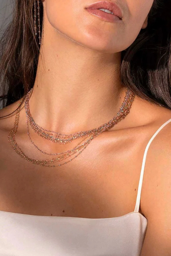 model wearing  Classic Gigi Necklace 16.5" 18K Yellow Gold Rosee Rosee jewels
varying 16.5" options and solid black jewels
16.5" chain with adjustable clasp at 16.1"