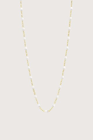 flat lay Classic Gigi Necklace 16.5" 18K Yellow Gold White White resin jewels
varying 16.5" options and solid black jewels
16.5" chain with adjustable clasp at 16.1"