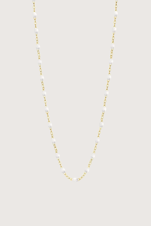 flat lay Classic Gigi Necklace 16.5" 18K Yellow Gold White White resin jewels
varying 16.5" options and solid black jewels
16.5" chain with adjustable clasp at 16.1"