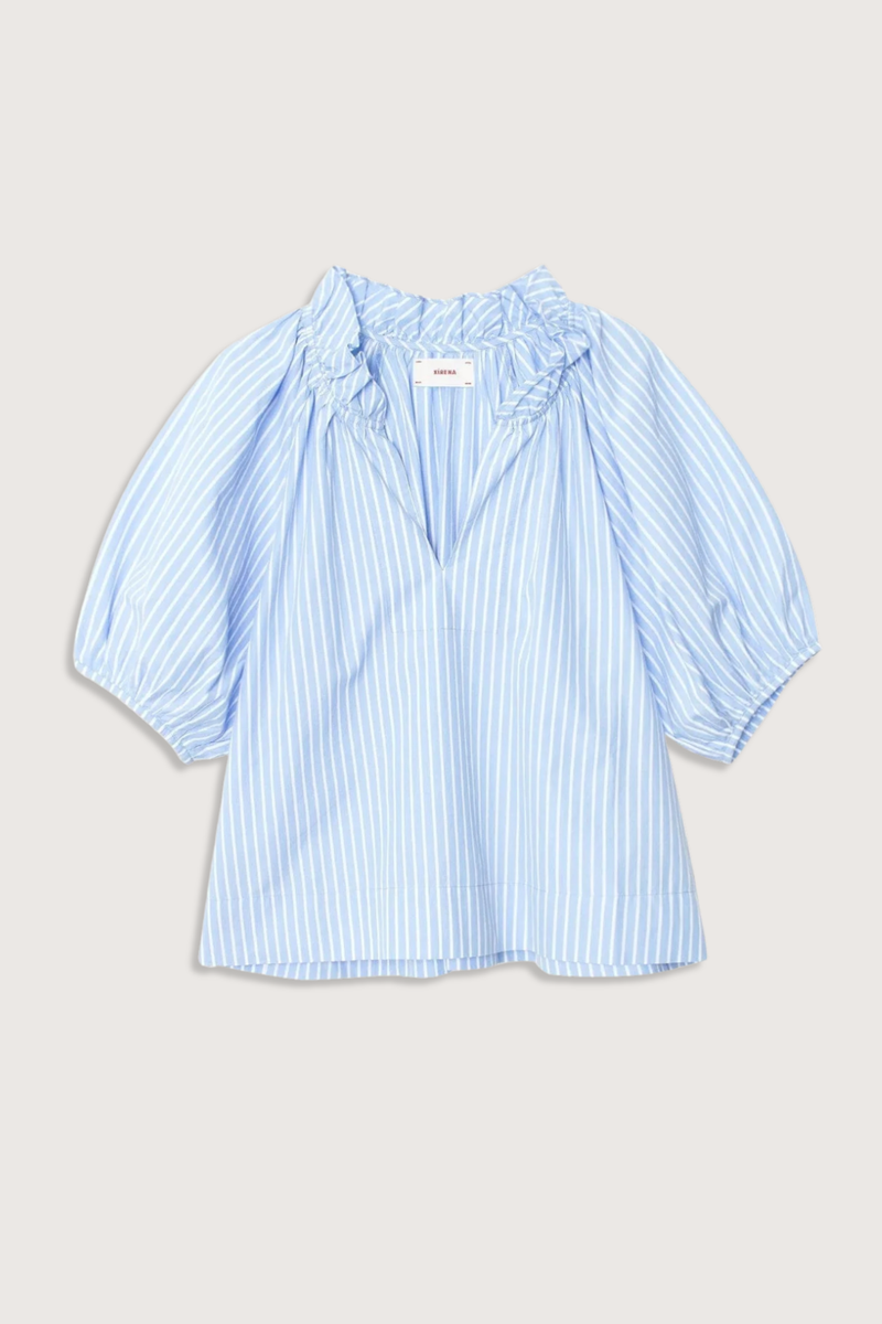 flat lay Clementine Ruffle Neck Top blue paradise white and blue stripe Crisp multicolor stripe cotton
Deep V-neck
Ruffle detailing
Shirred puff sleeves
100% Cotton