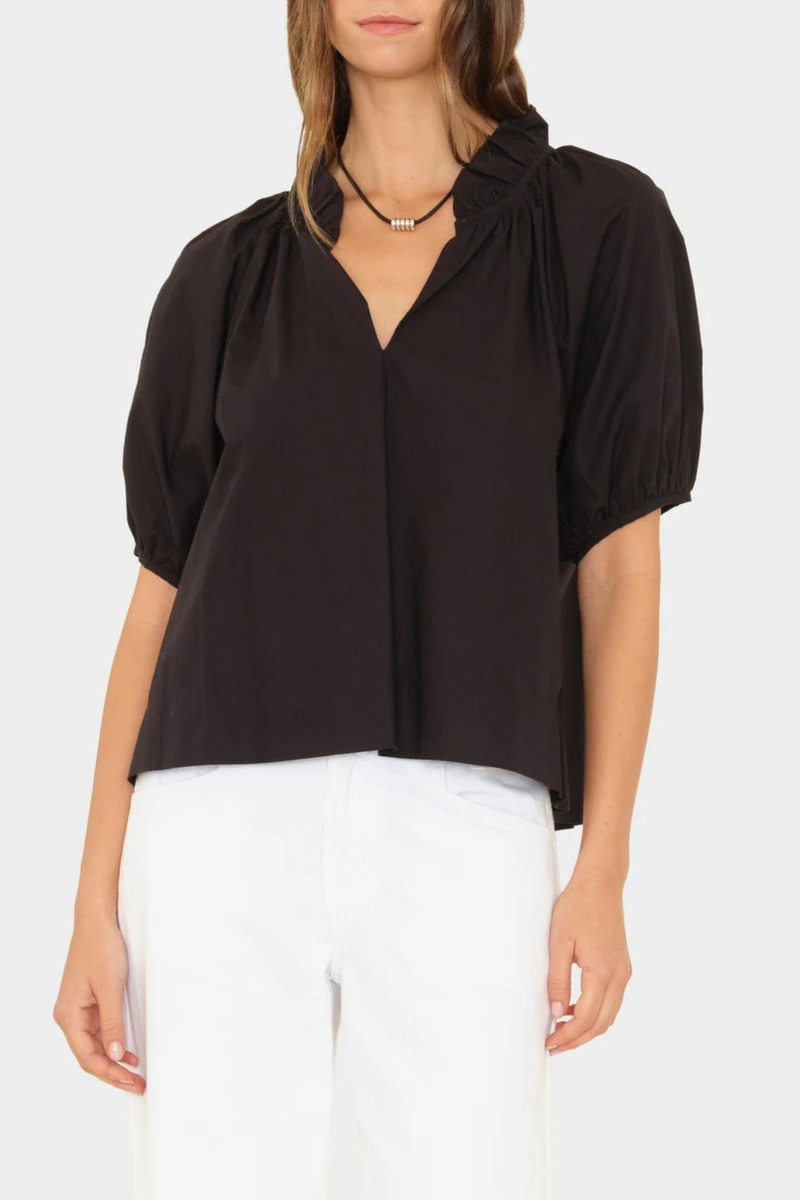 front profile model wearing Clementine Top black Crisp paper poplin
Deep V-neck
Ruffle detailing
Shirred puff sleeves
100% Cotton