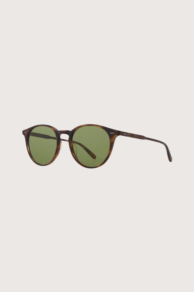 angled profile Clune Sunglasses round brown tortoiseshell frame green tint lens