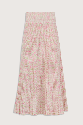 flat lay Cocktail Fluid Skirt natural pink combo Fine knit skirt
Fluid cut
Luminous finish
Blend of extra-soft wool and printed rayon yarns
Wide, striped knit waistband
Origami knit