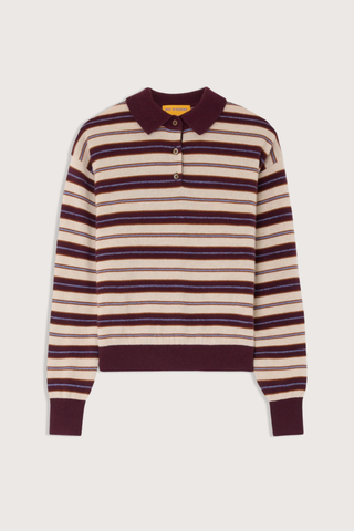 flat lay Collegiate Stripe Polo fig combo 
Knit from light-weight 100% cashmere
Relaxed fit
Rib hem and cuff trim
Polo collar in rib stitch
Front three button placket closure
