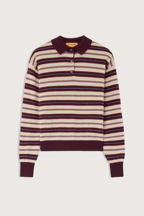 flat lay Collegiate Stripe Polo fig combo 
Knit from light-weight 100% cashmere
Relaxed fit
Rib hem and cuff trim
Polo collar in rib stitch
Front three button placket closure
