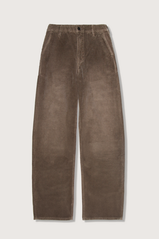flat lay Column Leg Corduroy Jean mink distressed brown Mid-high rise fit, Long wide leg, Subtle sculptural curve