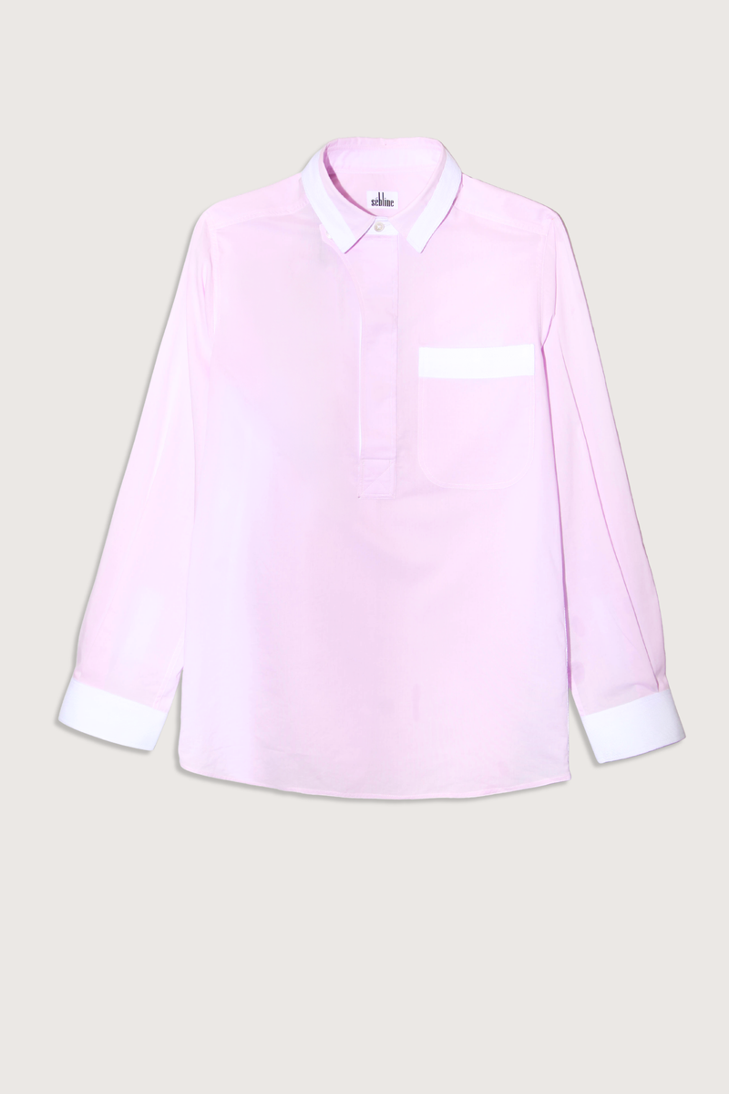 flat lay Combat Polo Shirt pale pink Serge trim
Pullover style
Straight cut - classic fit
White
Square collar&nbsp;
Square cuff
Mother of pearl
Medium weight
100% two-ply cotton poplin woven in Italy / herringbone trim
Made In Portugal