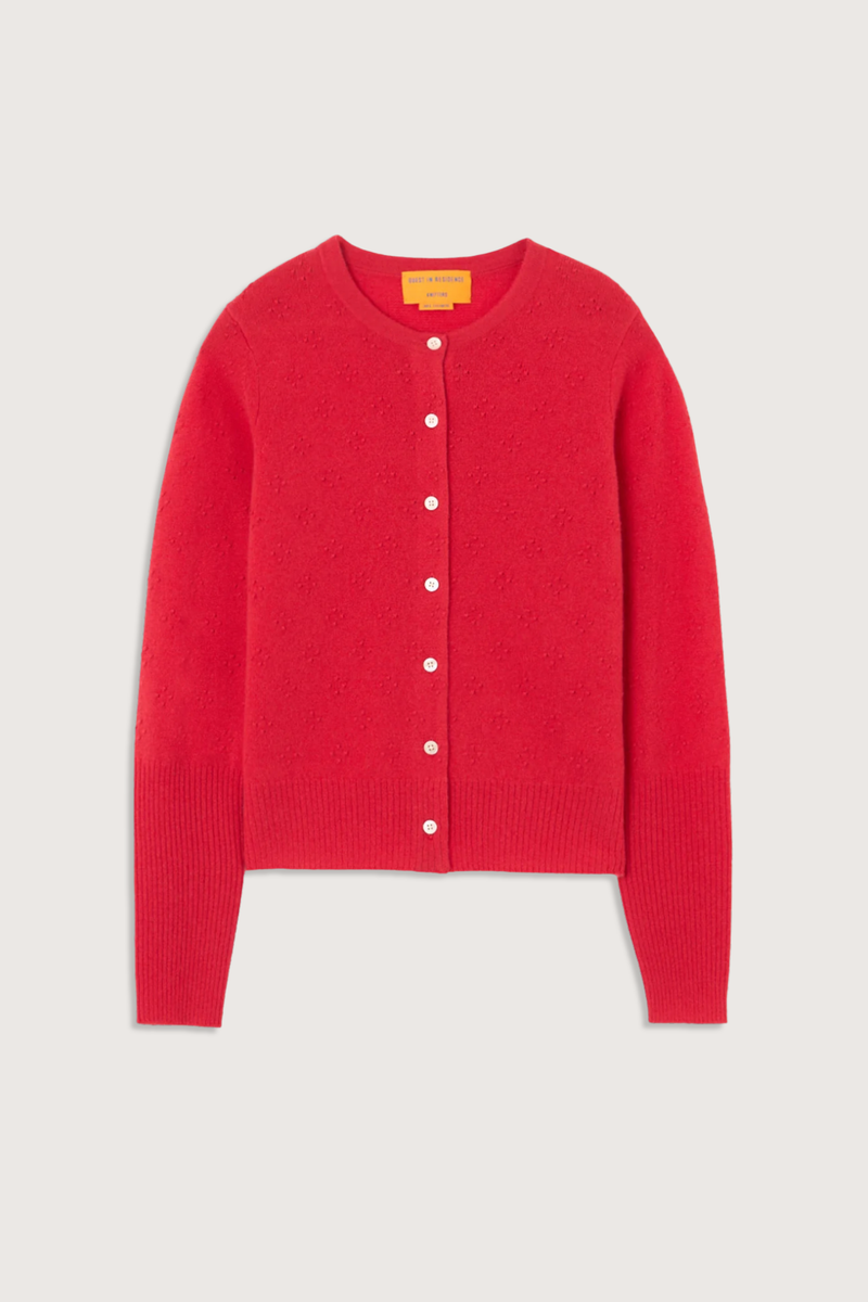flat lay Compass Jane Cardigan scarlet red LIGHT-WEIGHT POPCORN STITCH CARDIGAN
HIGH CUFF RIB TRIM AT SLEEVE
RIB HEM TRIM
JERSEY TUBULAR NECK TRIM
FRONT BUTTON CLOSURE
GIR BRANDING AT BACK NECK
100% CASHMERE