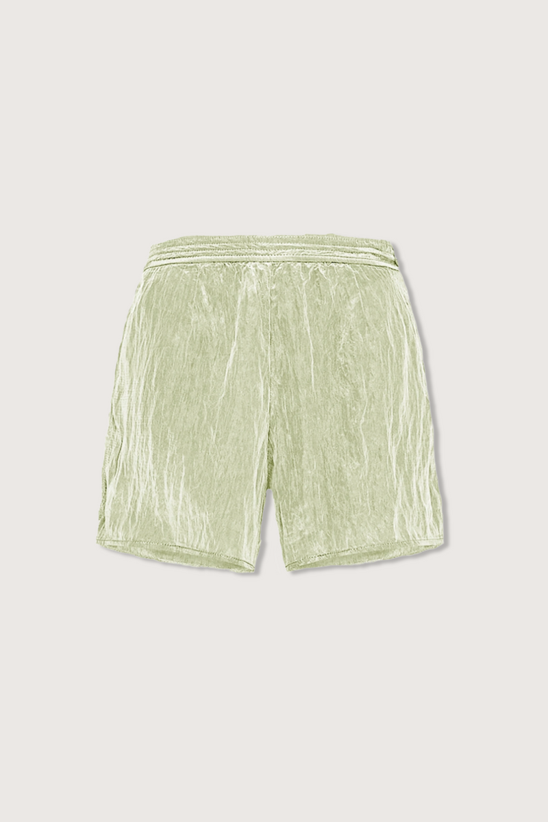 flat lay Contemporary Satin Short green elastic waist with crumpled effect