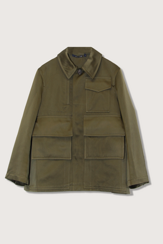 flat lay Cooper Satin Jacket Olive Concealed button placket
Top button exposed
Wide sleeves
Chest patch pocket with flap
Two front patch pocket with flap
Relaxed fit