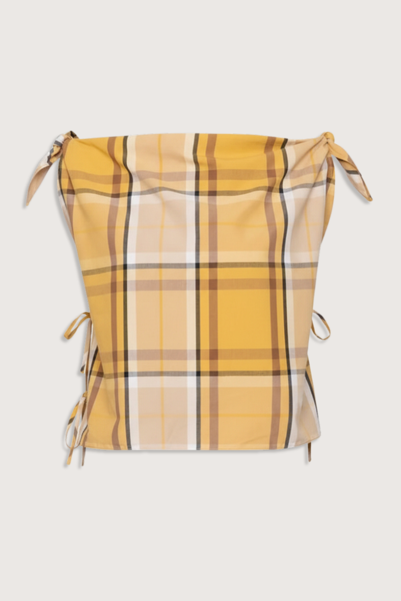 flat lay Copeland Top yellow plaid cotton Plaid pattern top
Relaxed
Slightly cropped silhouette
Ties at the shoulders and sides
