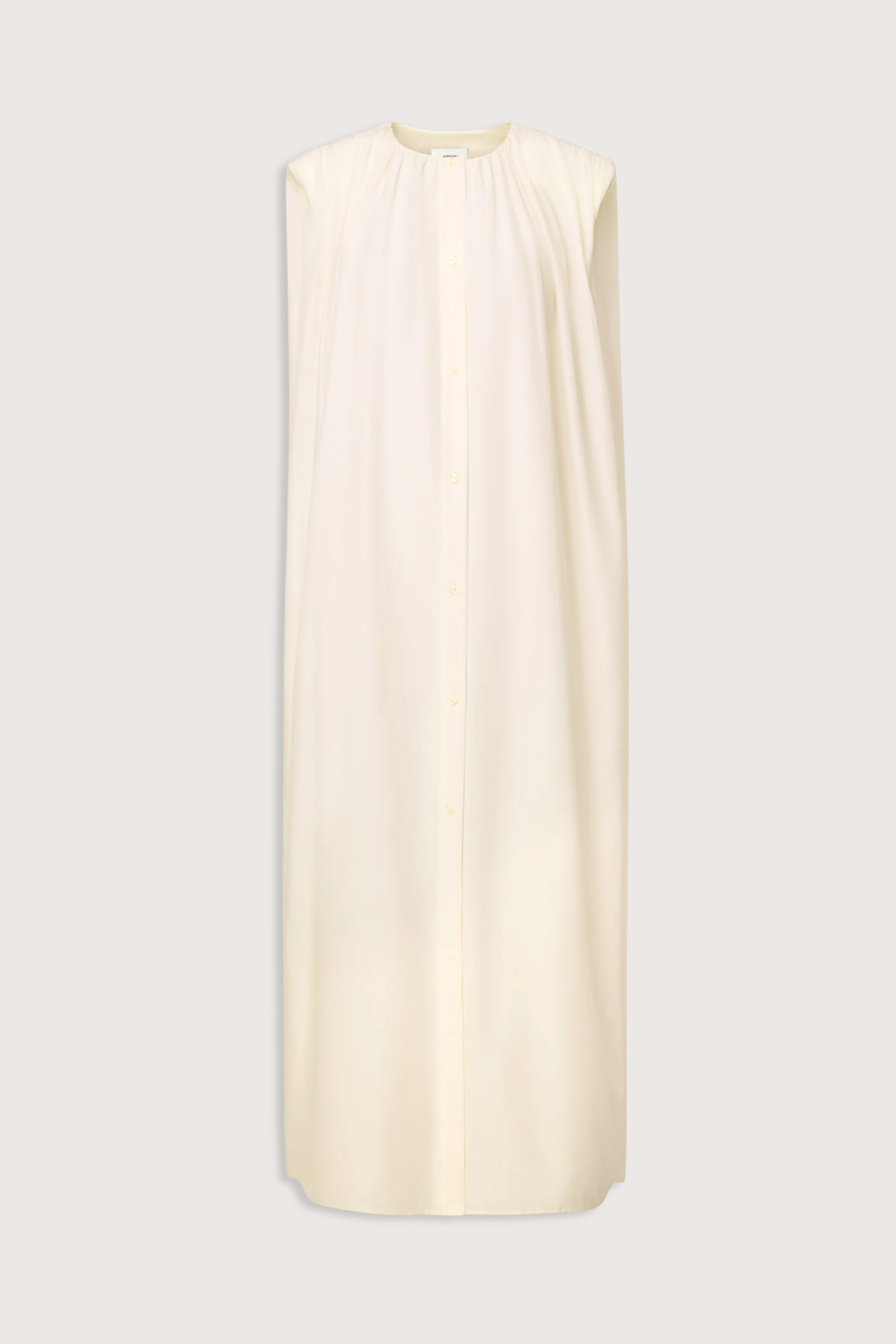 flat lay Cora Gathered Dress ivory Midi dress
Flaring fit
Buttoned front opening
Crew neck
Gathered fabric at the shoulders
65% Cotton, 35% Silk Voile