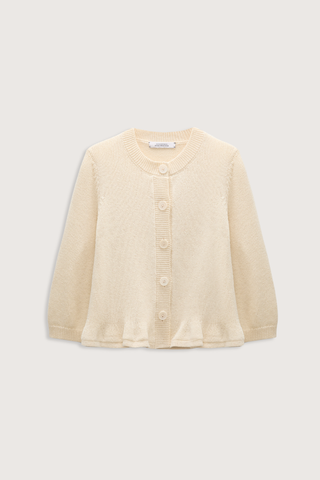 flat lay Cotton Candy Cardigan icy lemon yellow Fun flounce effect at the hemline
100 % Cotton
Cropped
Button front
Flared drape
Round neckline