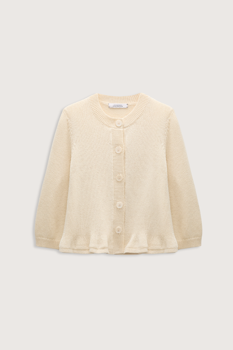 flat lay Cotton Candy Cardigan icy lemon yellow Fun flounce effect at the hemline
100 % Cotton
Cropped
Button front
Flared drape
Round neckline
