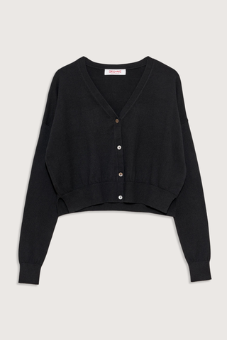 flat lay Cotton/Cashmere Crop Cardigan Black 4-button cardigan
V neckline
Cropped wide
Boxy fit
Ribbed trim cuff &amp; hem
Waist-length
Side 2 side slits