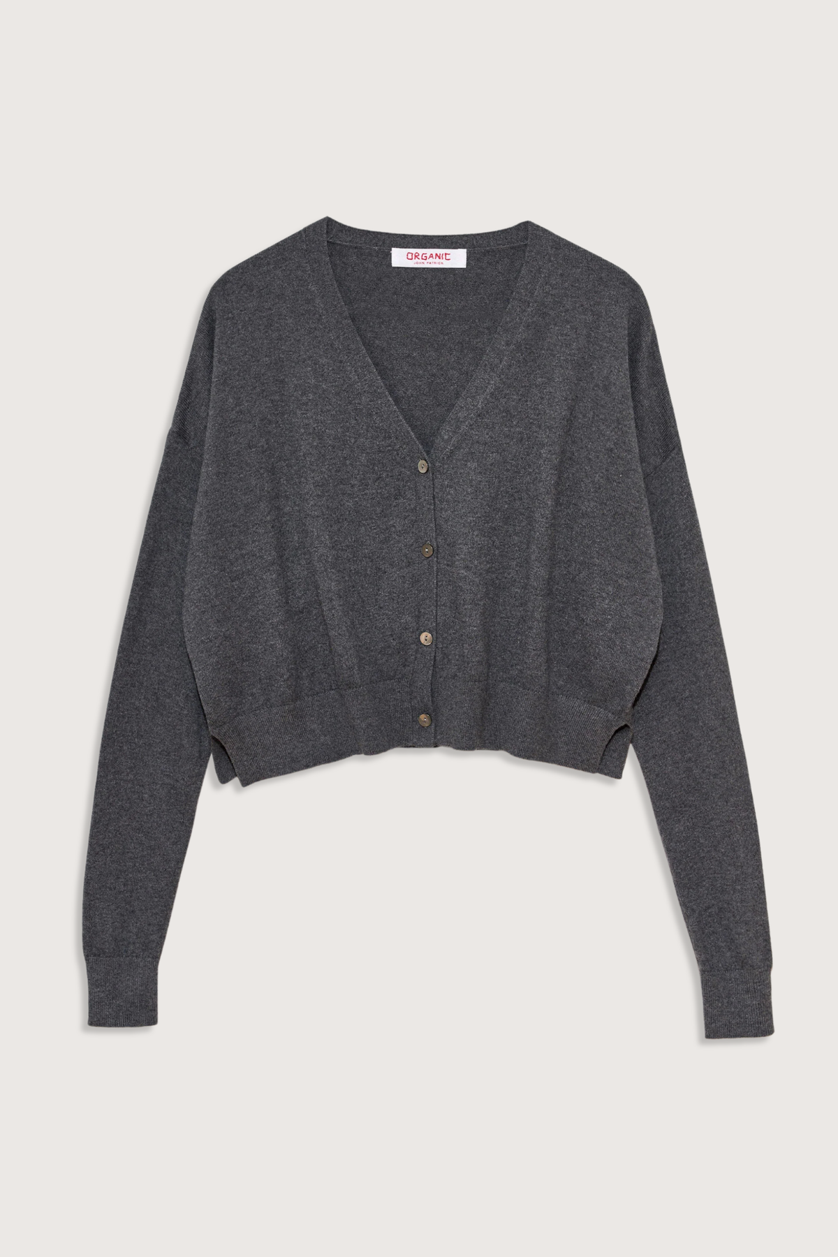 flat lay Cotton/Cashmere Crop Cardigan Charcoal 4-button cardigan
V neckline
Cropped wide
Boxy fit
Ribbed trim cuff &amp; hem
Waist-length
Side 2 side slits
