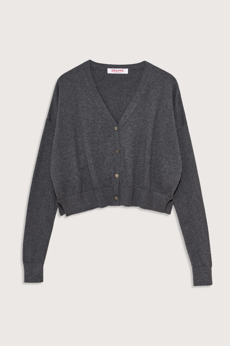 flat lay Cotton/Cashmere Crop Cardigan Charcoal 4-button cardigan
V neckline
Cropped wide
Boxy fit
Ribbed trim cuff &amp; hem
Waist-length
Side 2 side slits