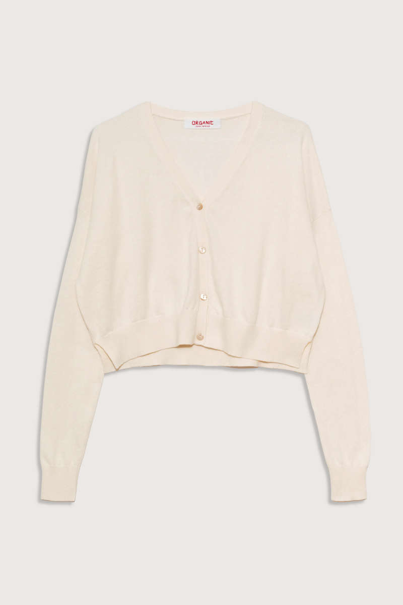 flat lay Cotton/Cashmere Crop Cardigan Off White 4-button cardigan
V neckline
Cropped wide
Boxy fit
Ribbed trim cuff &amp; hem
Waist-length
Side 2 side slits