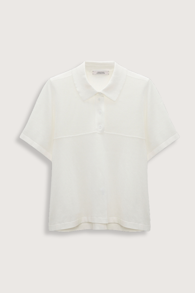 flat lay Cotton Coolness Mesh Top white Knit top with polo collar and empire waist
Sporty stretch cotton pointelle
A special engineered knit technique creates flared volume from the empire seam to hem