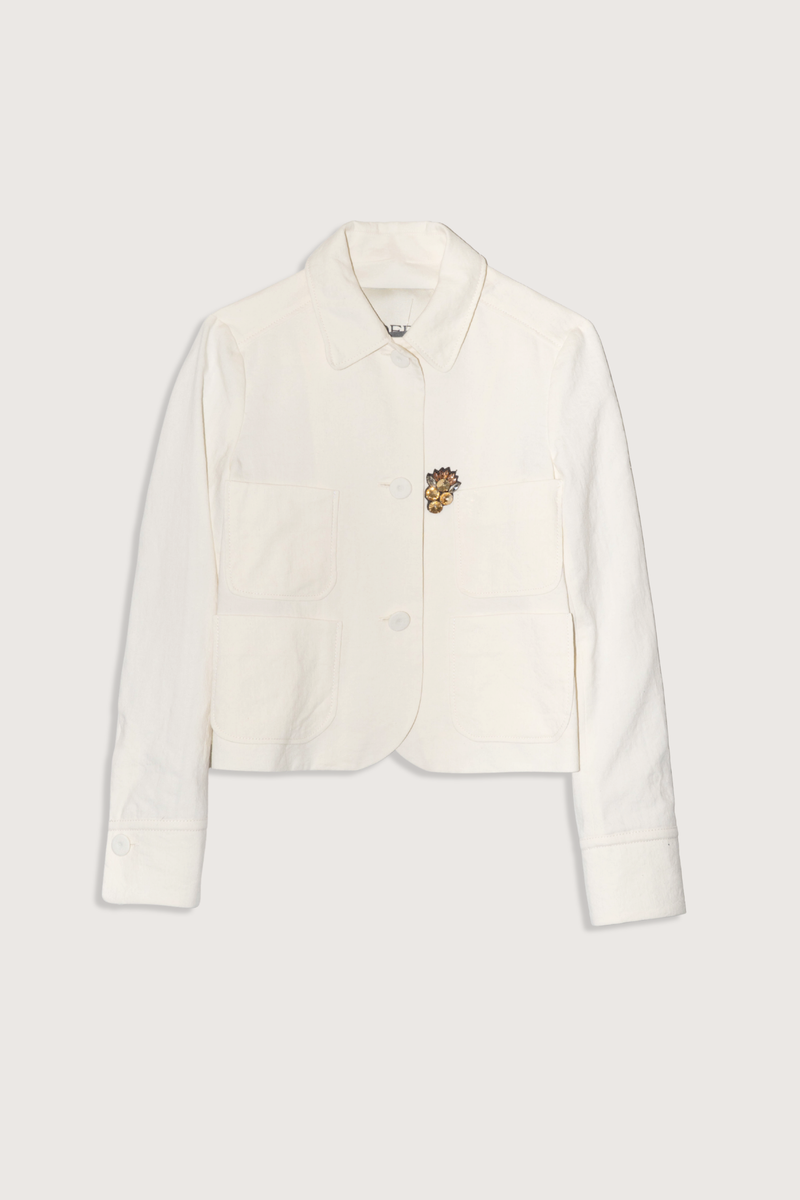 flat lay Cotton Linen Structure Jacket Classic collar
Four front pockets
Button front