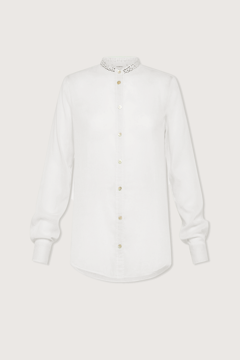 flat lay Cotton/Silk Voile Crystal collar Shirt White long sleeve