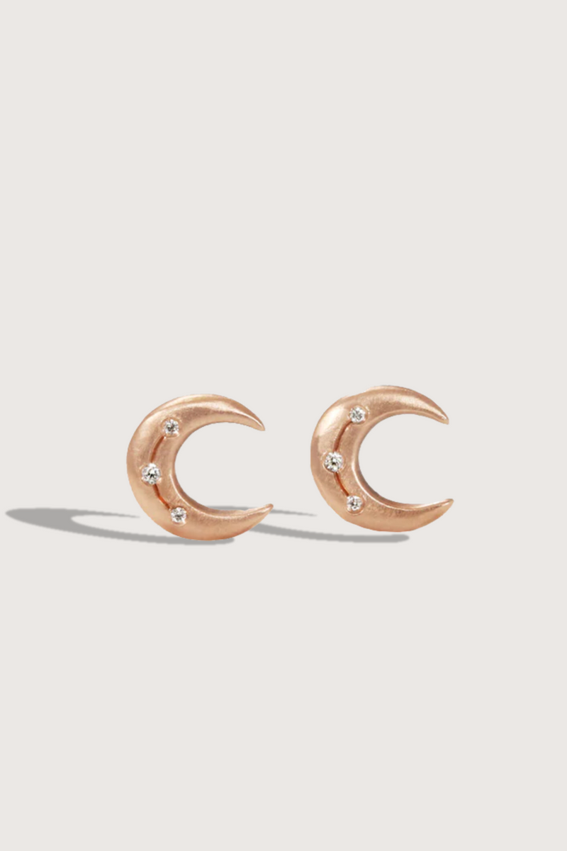 flat lay Crescent Disc Earring in Rose Gold with solid 14k gold and diamonds