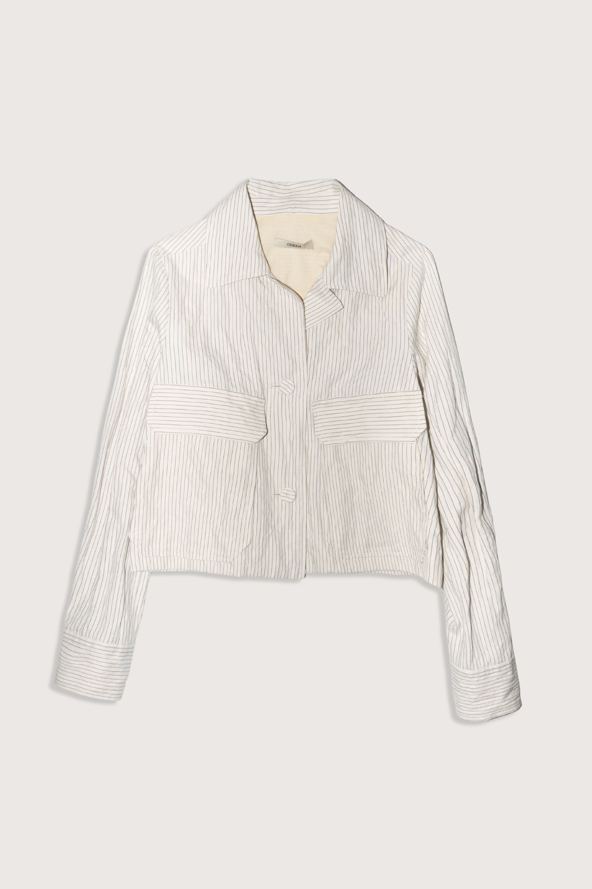 flat lay Crinkled Pin Stripe Jacket ivory Utility-style jacket
Wide lapels
Patch pockets with side openings
Includes a handmade rhinestone brooch