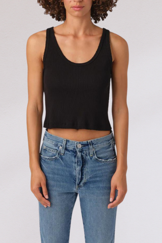 front profile model wearing Crop Rib Tank Black cotton by amo