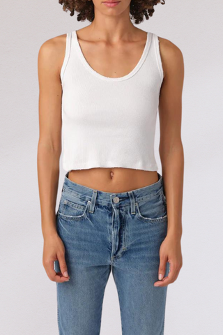 front profile model wearing Crop Rib Tank White cotton by amo